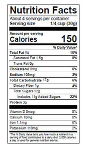 Nutrition Facts: Serving Size 1/4 Cup (30g). Calories 150. Total Fat 8g. Cholesterol 0mg. Sodium 105 mg Total Carbohydrate 17g. Protein 3g